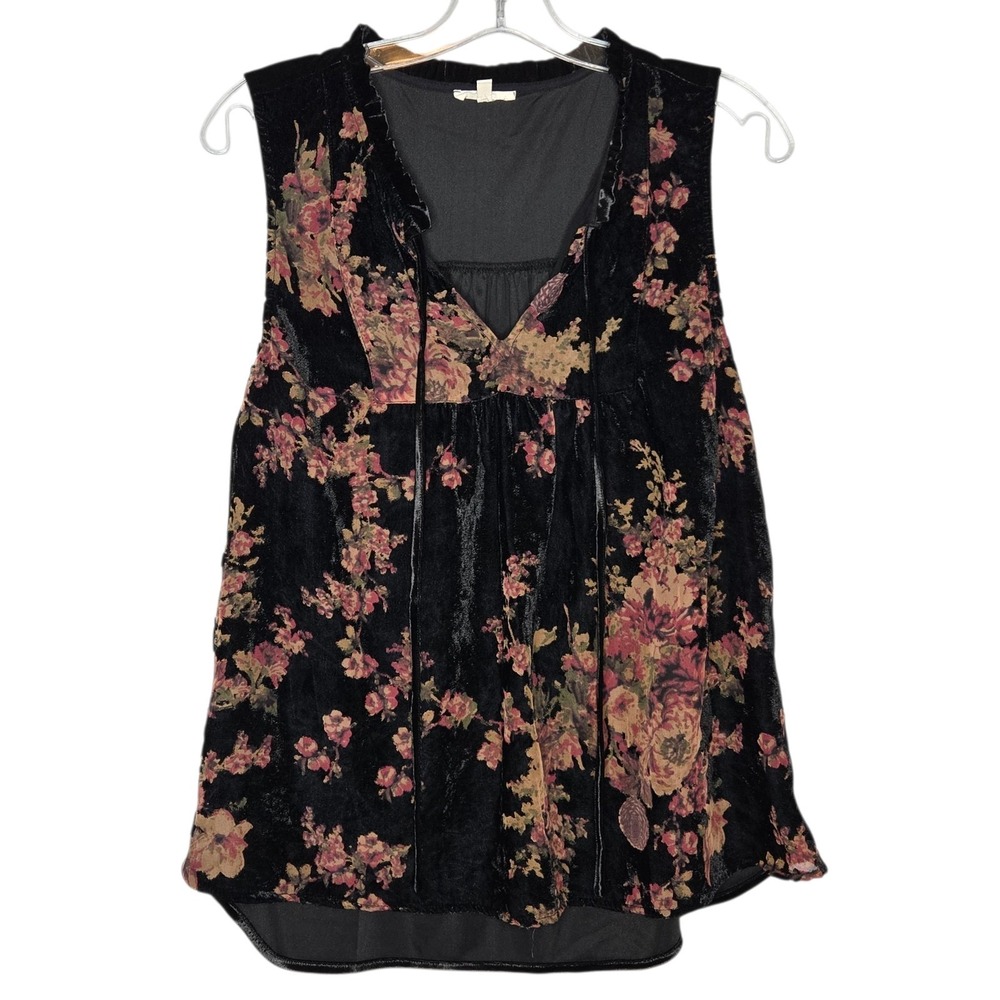 Mystree Floral Burnout Velvet Tank Top Large Black Boho Whimsigoth V-Neck Lined